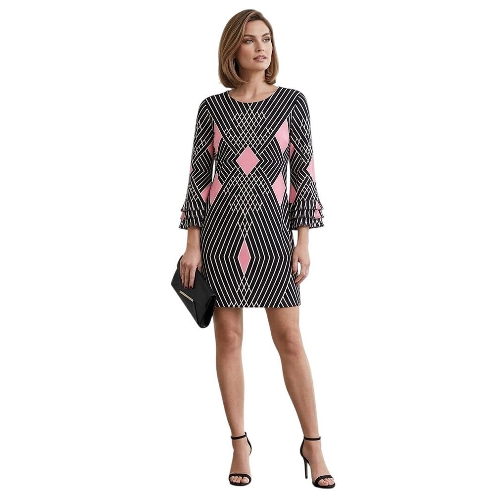 Alfani Geometric Shift Dress LP Petite Black Pink Bell Sleeve Mod Retro Party